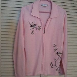 Large Petite Allison Daley Warm Embroiderd Birds Pink Full Zip Cardigan Sweater
